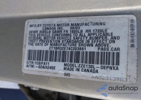 2004 Toyota Corolla Le из США, поврежденный, VIN 2T1BR32E74C203861